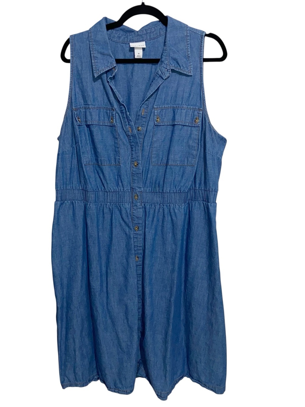 Ava & Viv Shirt Dress Womens 1X Chambray Denim Blue Button Front Pockets Coastal